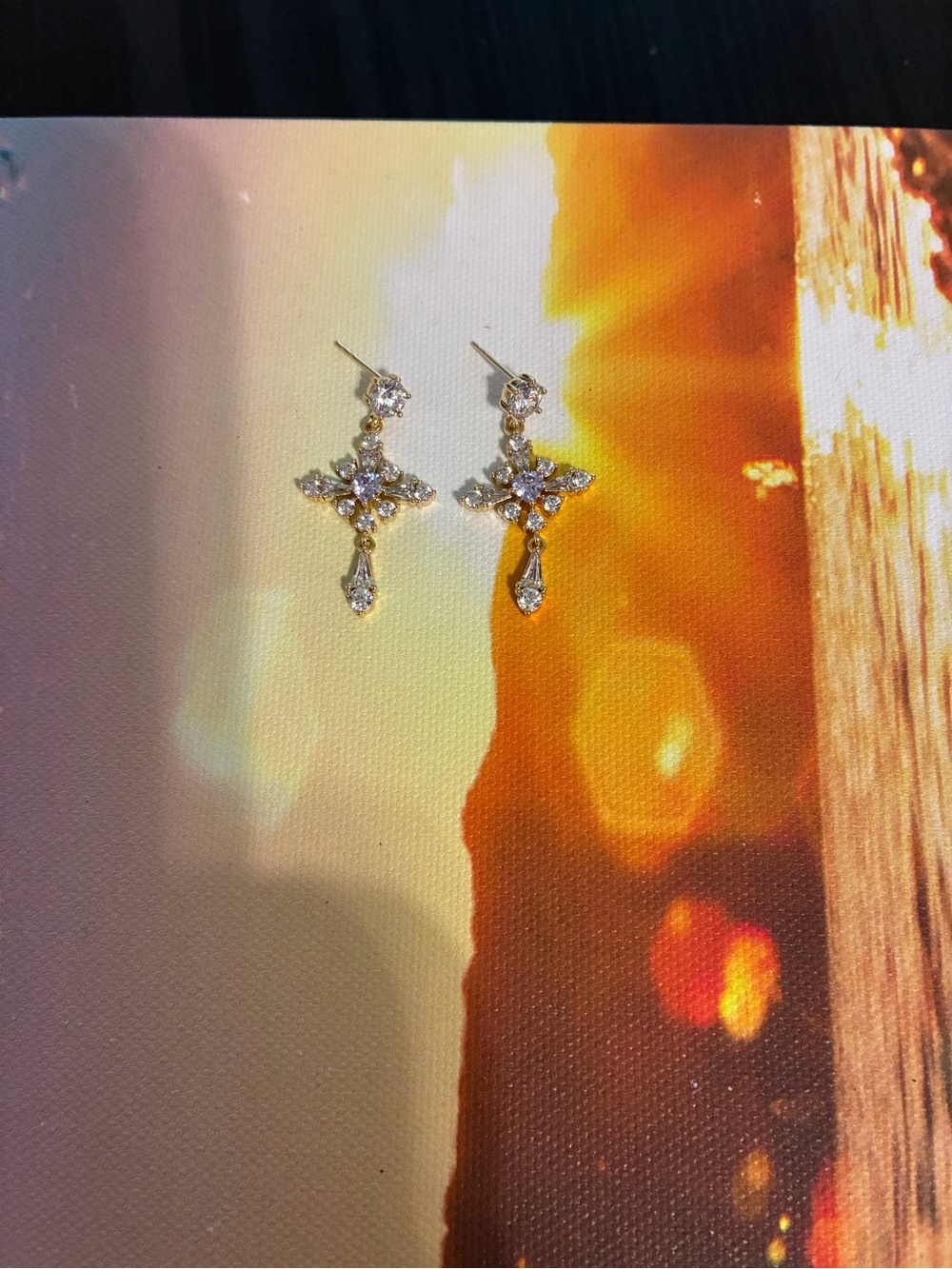 Gold Crystal Drop Cross Earrings - Elegant Women's Jewelry
